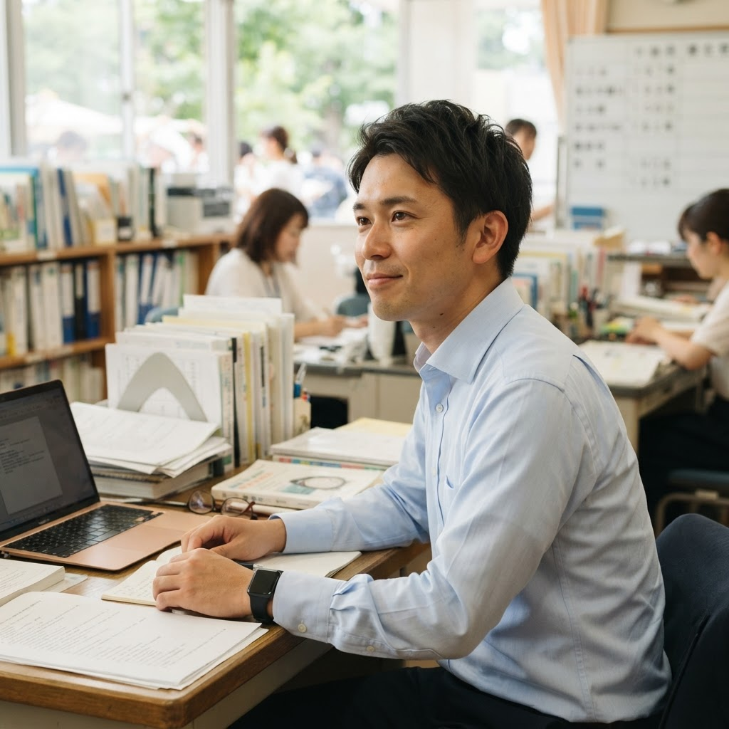 学校の職員室で業務を行う先生