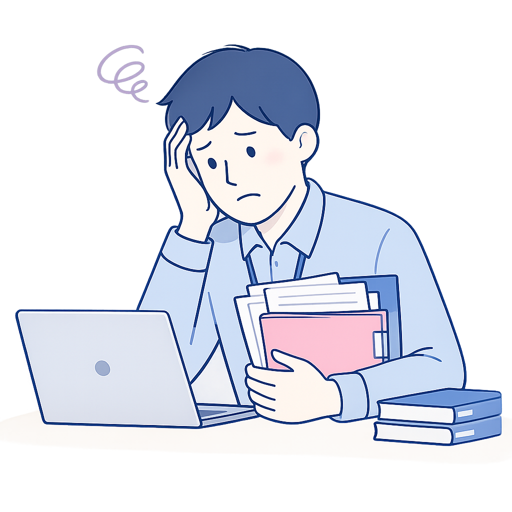 書類対応に困っている先生のイラスト